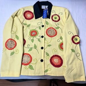 Bleo Bayou Floral Sunflower Applique Whimsical Embroidered Boho Jacket Cotton XL